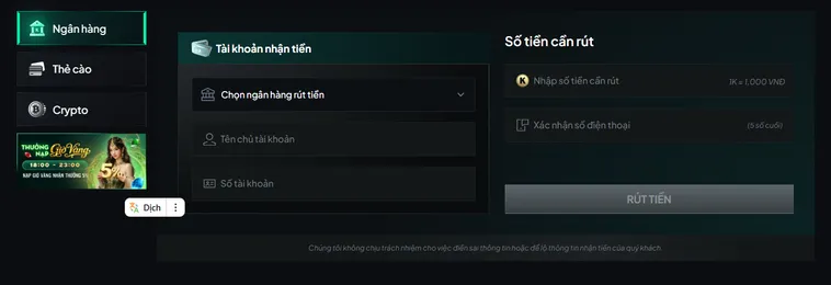 Hướng dẫn rút tiền qua tại khoản ngân hàng tại Gem88.